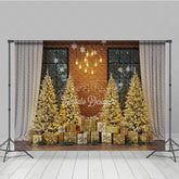 Aperturee - Aperturee Industrial Loft Christmas Photography Backdrop Brick Wall with Gold Trees Modern Holiday Mini Session Background
